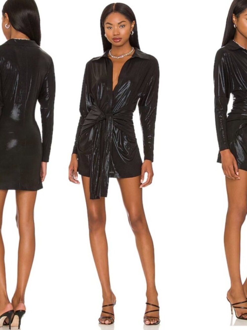 Norma Kamali TY front NK Metallic Tie Front Shirt Mini Dress M
